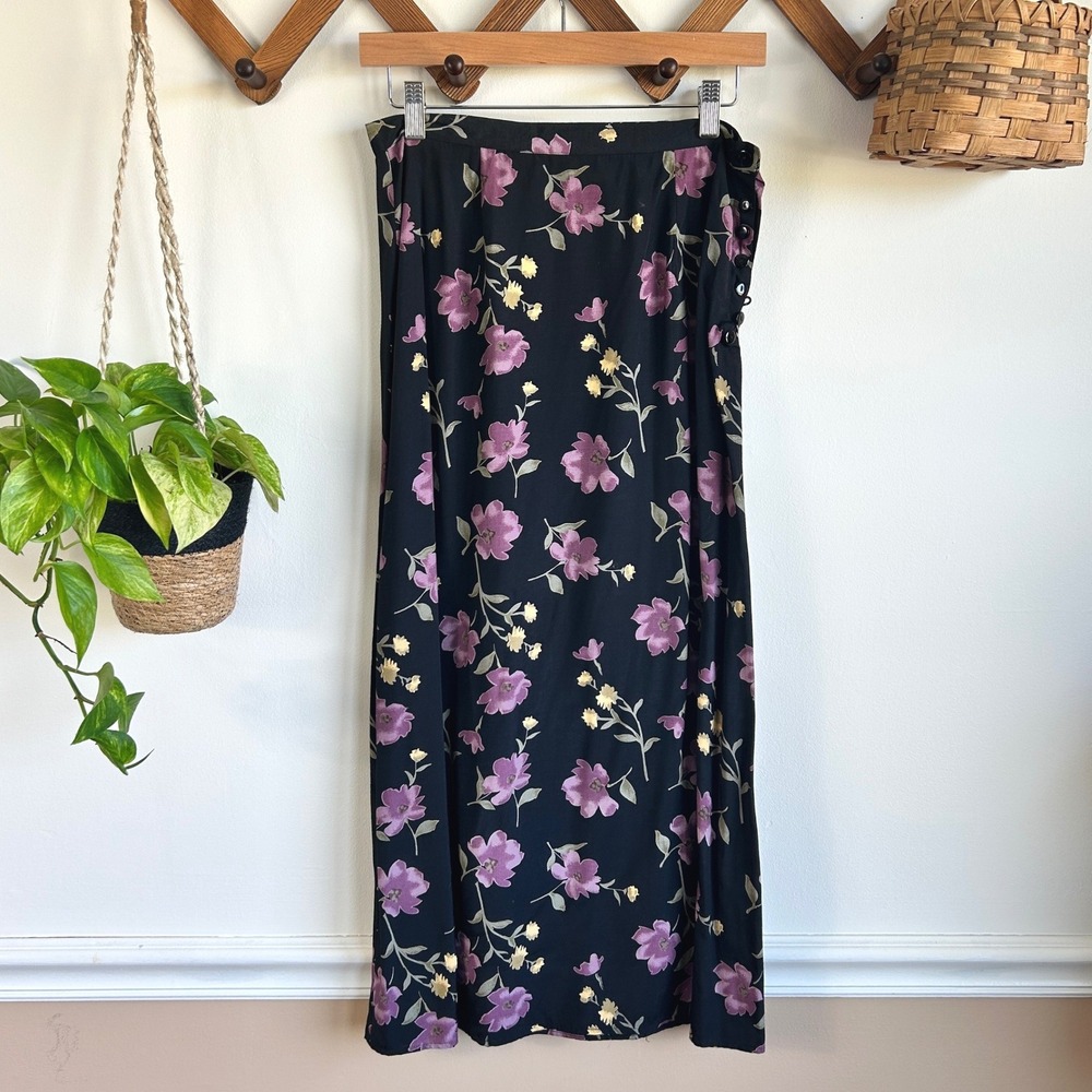 Cherokee Vintage Floral Maxi Skirt Black Rayon Side Button Size 10 Boho Garden